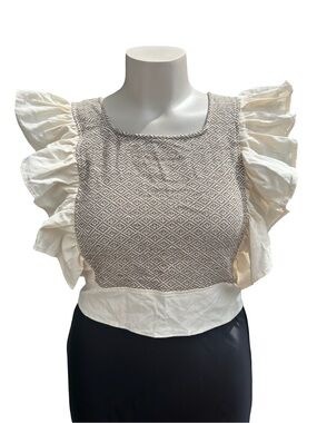 Artisanal Made Cream Ruffled Sleeve Cropped Top with Textured Front and Tie Back